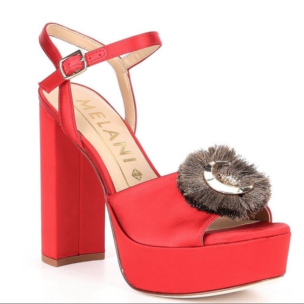 Antonio Melani Red Satin Celestial Fringe Ankle Strap Platform. 🌙 ✨